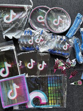 TikTok Party Supplies Lot Plates Napkins Banners Favors New